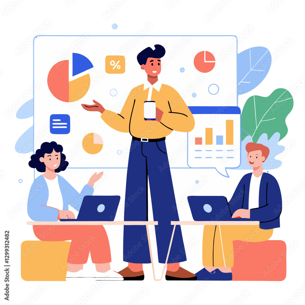 Aufkleber a business analyst stands confidently presenting valuable insights, while colleagues engage with lap