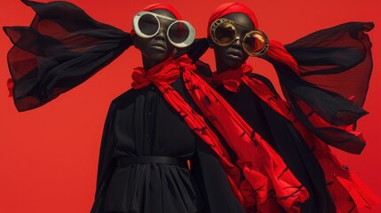 Bold fashion statement: Two models in striking red and black against a vibrant backdrop.
