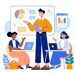 Business analyst stands confidently, sharing insights with stakeholders seated at tables. The setting includes laptops and visual aids illustrating data trends and performance metrics