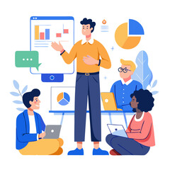 A business analyst presents important insights to stakeholders in a modern office setting. The analyst uses charts and graphs displayed on a screen while team members engage interactively