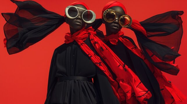 Bold fashion statement: Two models in striking red and black against a vibrant backdrop.