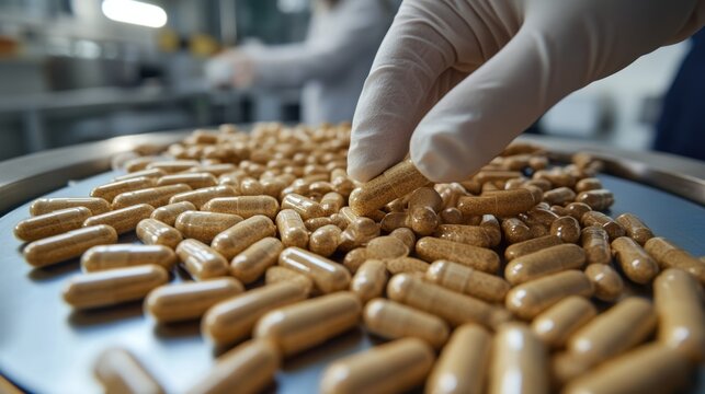 Close-up of Technician Examining Brown Capsule Pills in Pharmaceutical Manufacturing Factory.