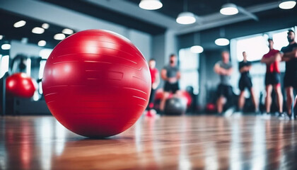 Red gym ball at the gym. Close up 