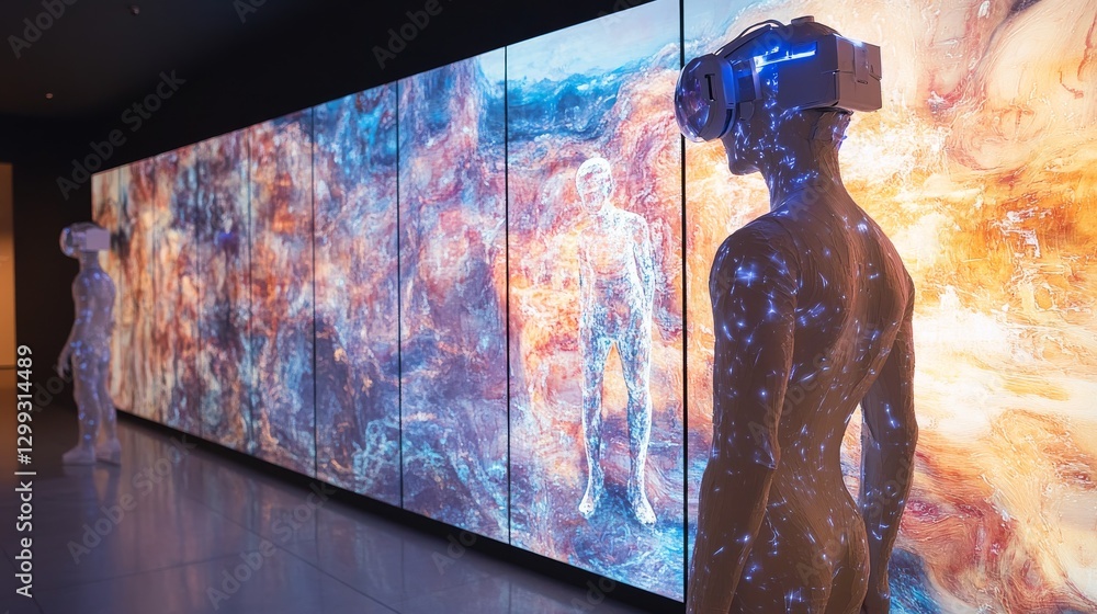 Poster virtual reality immersion: futuristic art installation featuring humanoid figures in vr headsets exp