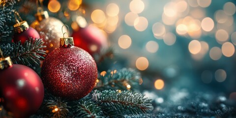 Beautiful red ornaments on a Christmas tree with soft bokeh lights in a cozy indoor setting