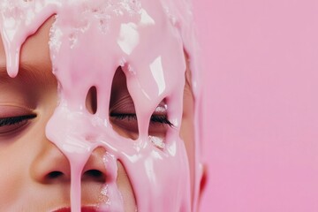 A person with closed eyes has pink substance on their face