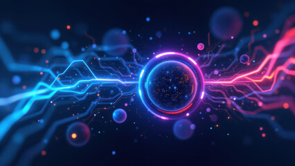 High-tech computer concept with glowing neon rings and a starry galaxy sphere.