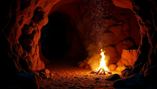 Image depicts a warm and inviting scene inside a cave, illuminated by a small campfire. The cave walls are rugged and textured, with a reddish-brown hue that reflects the firelight, creating a cozy at