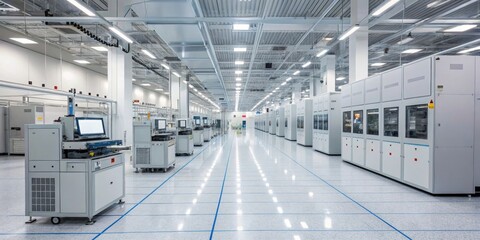 High-tech clean room with advanced machinery for semiconductor manufacturing at modern facility