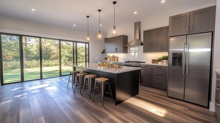 Obraz premium Cozy and spacious kitchen with a stylish design and a perfect view of the outdoors through large windows. Generative AI
