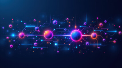 Obraz premium An artistic digital illustration representing concepts like cloud computing, virtual servers, and data processing with vibrant colors and geometric shapes.