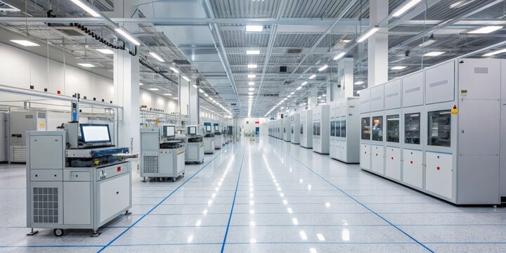 High-tech clean room with advanced machinery for semiconductor manufacturing at modern facility