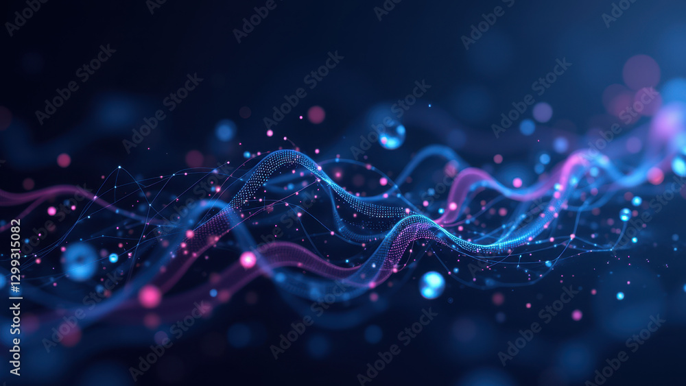 Poster flowing colorful digital particles representing technology abstractly.
