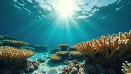 Sunlight streaming through clear ocean water on a coral reef affected by bleaching	