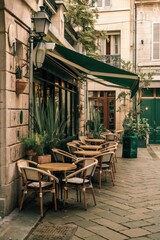 Fototapeta premium Charming outdoor cafe with vintage furniture and green plants in a quaint street in Paris during late afternoon