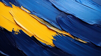 Abstract paint strokes, vibrant yellow and navy blue, close-up