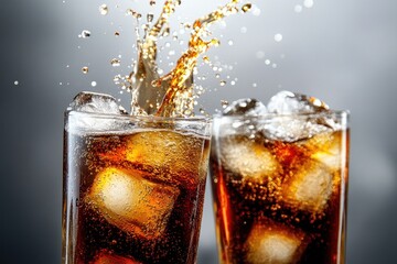 Two glasses of cola with ice cubes, one being filled, causing a splash with bubbles and droplets. Ideal for beverage advertising, refreshment promotions, and drink branding