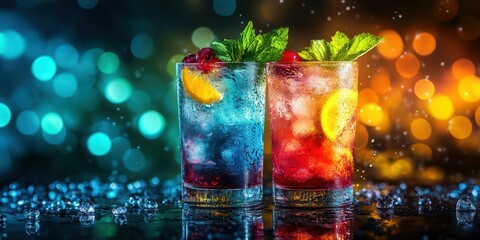 Refreshing cocktails on display with vibrant colors and garnishes in a festive environment
