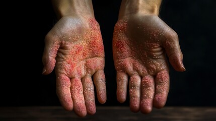 Fototapeta premium Woman's hands, covered in red glitter, outstretched against dark background