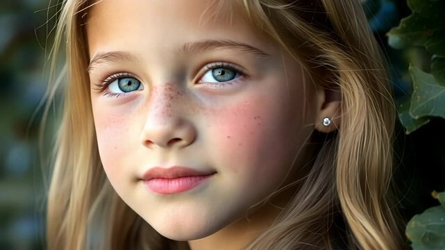 Pushing towards close up of a young girl with blue eyes and long blonde hair leans against ivy-covered foliage, looking directly at the camera.