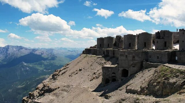 Drone footage of Fort du Chaberton with scenic view of mountains under a blue sky