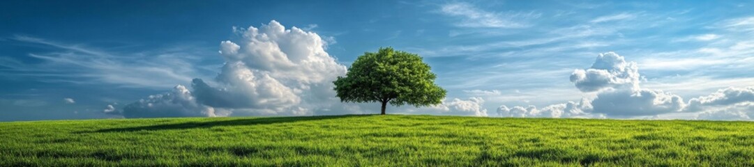 Obraz premium Vibrant Green Fields with a Tree and Dramatic Cloudy Sky Above. Generative AI