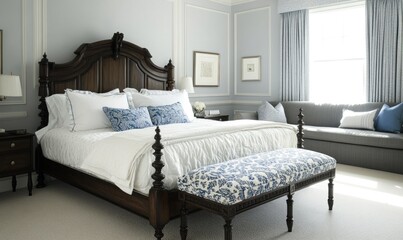 Luxurious bedroom interior with tufted headboard, sunlight streaming in