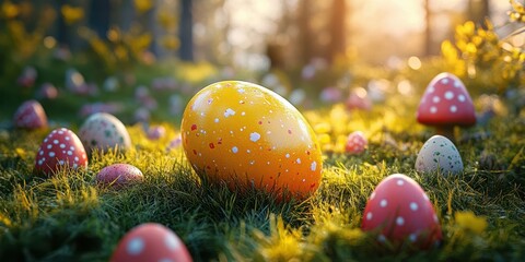 Colorful eggs scattered across a grassy field during a vibrant spring afternoon celebration