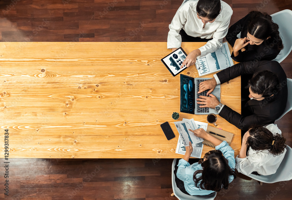 Poster panorama top view diverse group of business analyst team analyzing financial data report paper on me