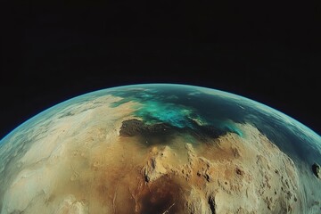 Naklejka premium The image shows a close-up view of a planetary surface with blue and brown colors, resembling an alien landscape under a dark sky