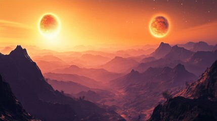 planet with two suns, gleaming over majestic mountain ranges with some native alien flora silhouette