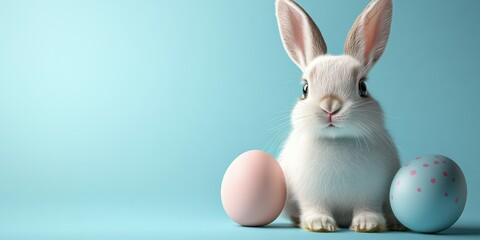 Cute white rabbit sits between pastel eggs on a light blue background during spring