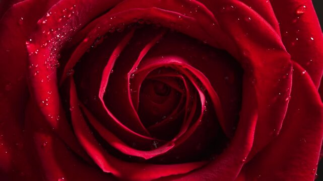 Red rose with water droplets on petals illuminated by sunlight. Top view of a large red rose bud spinning around its center. Floral aroma as feelings of love, luxury, self-care and care for loved ones