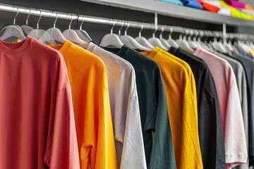 Colorful variety of hanging clothes on rack displayed in a store