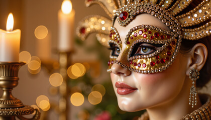Elegant woman wearing gem-encrusted mask in candlelit banquet hall, opulence