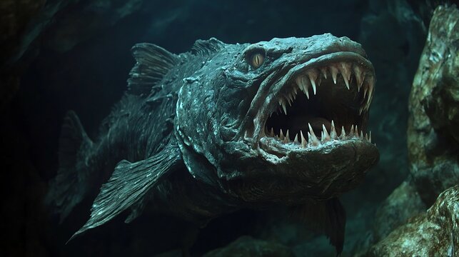 Monstrous Wolf Fish lurking in the shadows of a deep sea cave its jagged teeth protruding from its powerful jaws thick armored scales protecting its body