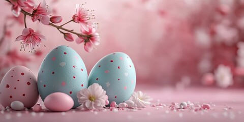 Colorful Easter eggs with spring blossoms in a soft pink setting celebrating the joy of the holiday season