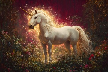 Majestic Unicorn in Enchanted Woodland Fantasy Landscape