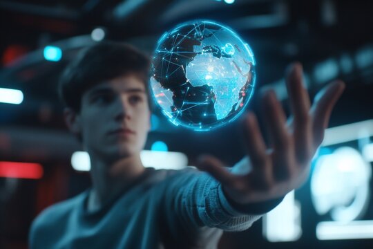 Young man interacts with a digital globe.