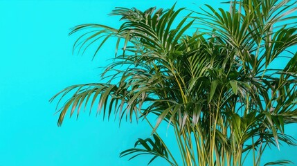 Fototapeta premium Lush green palm plant against vibrant blue background. Perfect for summer, tropical themes, or home decor