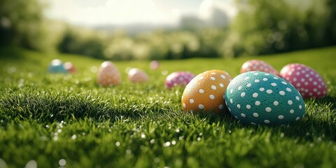 Colorful Easter eggs scattered in a vibrant green lawn during a sunny afternoon