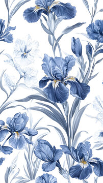Blue and white floral pattern with iris flowers
