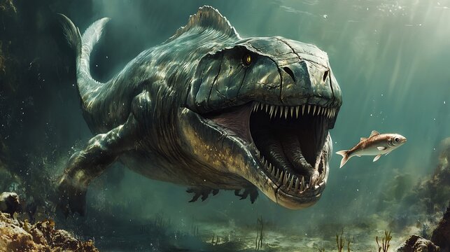 Monstrous Dunkleosteus lurking in murky prehistoric waters its armored skull gleaming as it opens its massive jaw ready to snap at a passing fish