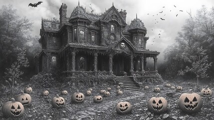 Naklejka premium Halloween coloring page haunted house high resolution hd photo