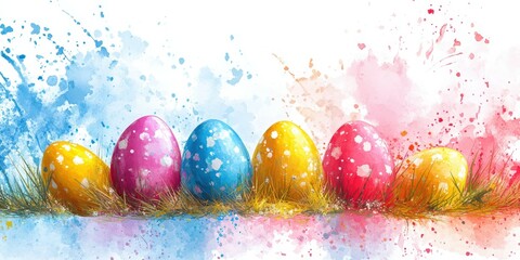 Colorful Easter eggs arranged in a row against a bright splashed background during spring season