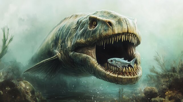 Monstrous Dunkleosteus lurking in murky prehistoric waters its armored skull gleaming as it opens its massive jaw ready to snap at a passing fish