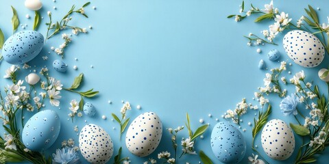 Fototapeta premium Decorative blue Easter eggs surrounded by fresh flowers on a light background ideal for spring celebrations