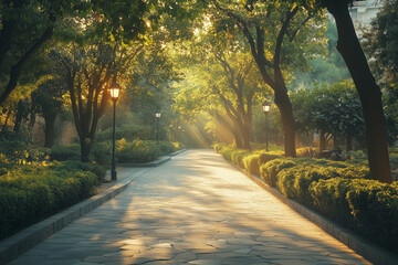 Obraz premium Winding path through a lush green park bathed in golden morning light