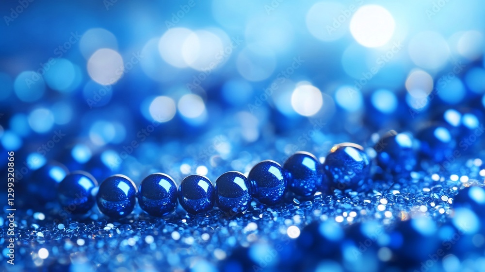 Poster blue bead string on sparkly surface, blurred light background; festive use