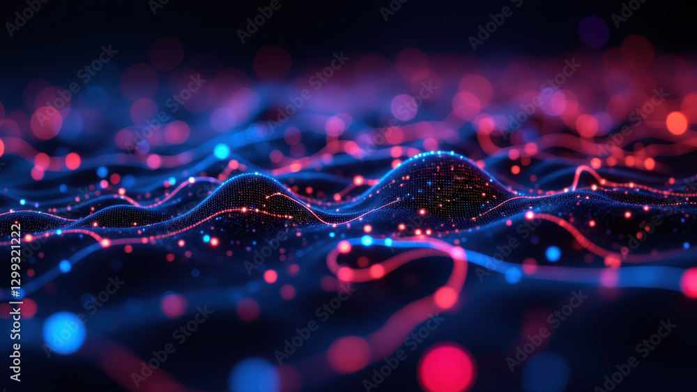 Poster the image features a network of interconnected lights in shades of blue and red against a dark backg